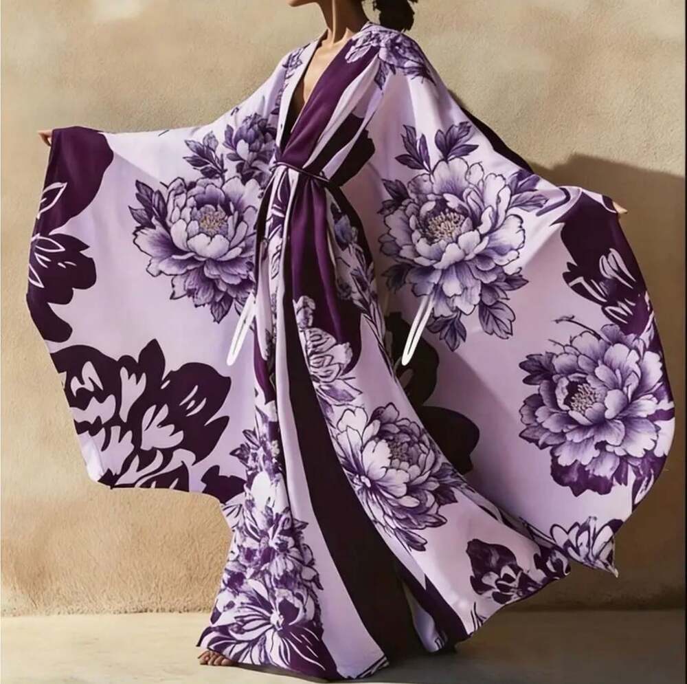 Romantic Floral Print Kimono Robe Belted Wrap